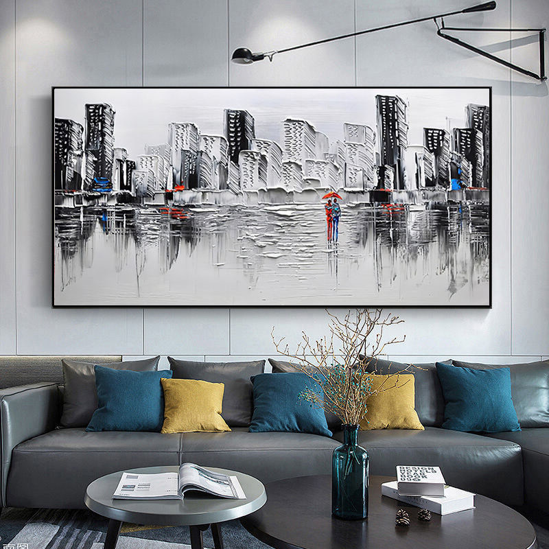 Support Base Canvas Materials Canvas Oil and Canvas Hand Painted Abstract Landscape Oil Painting of City People